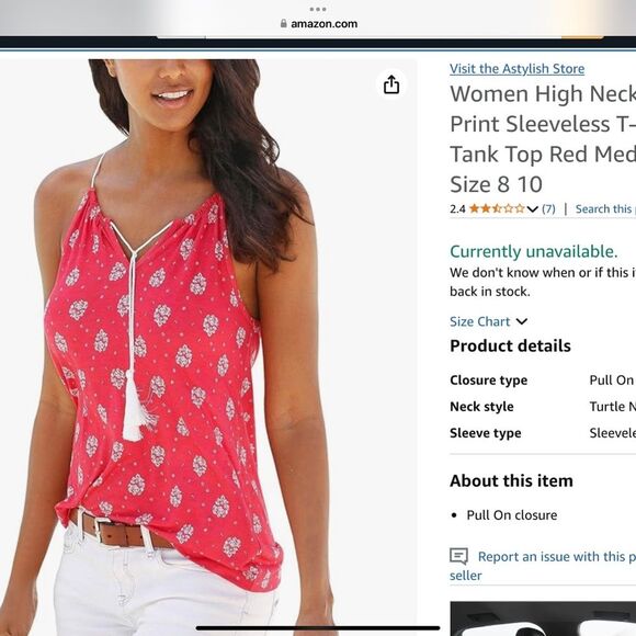 Women High Neck Floral Print Sleeveless T-Shirt Tank Top Red Medium - Picture 3 of 9